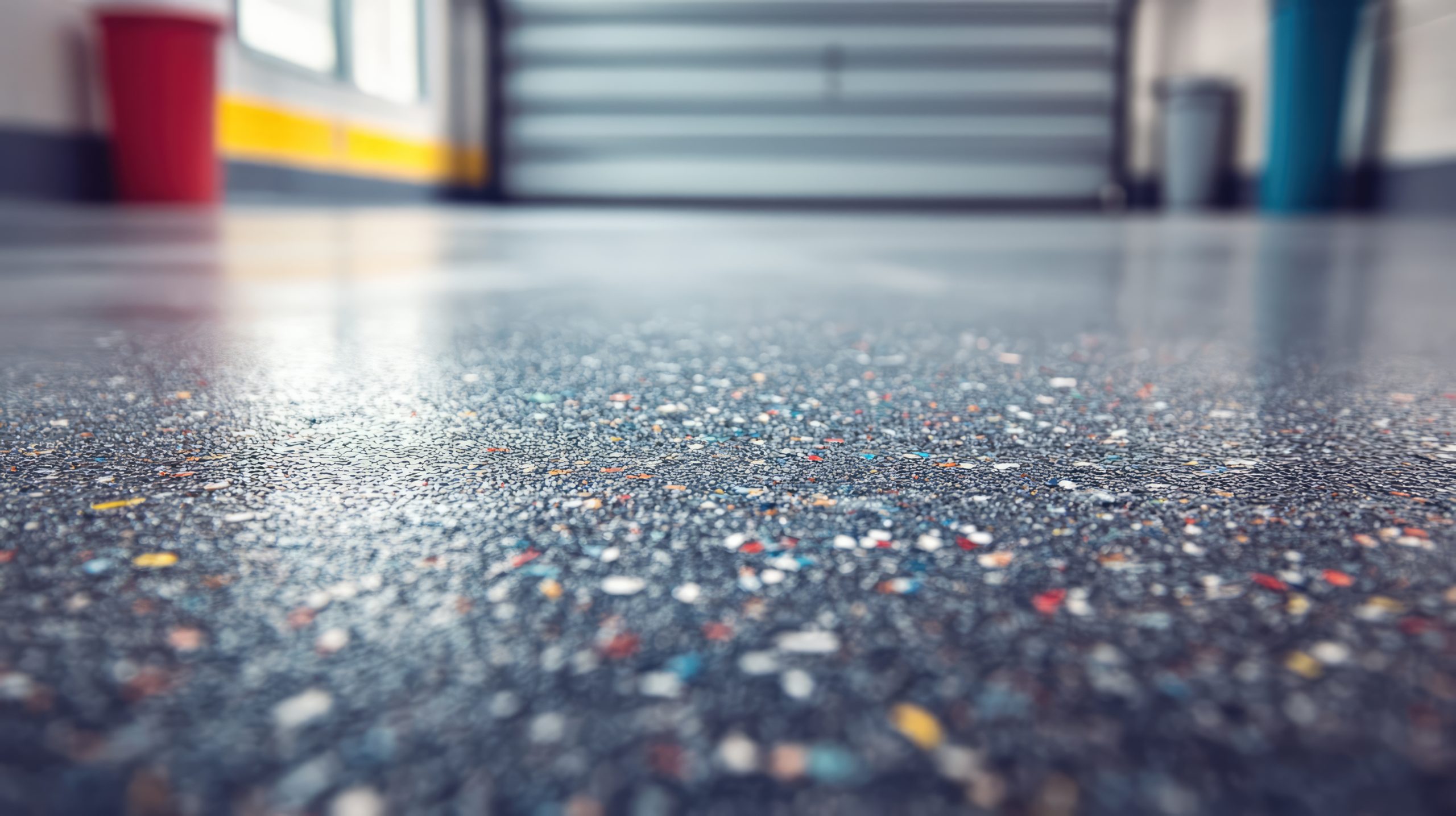 Gray epoxy flooring with decorative plastic chips showcasing a freshly painted glossy surface in a modern garage environment